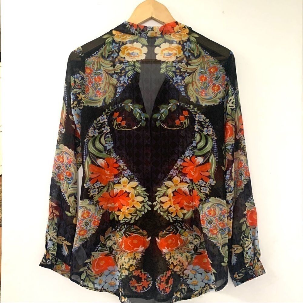 Cabi Blue Sheer Floral Button Down Blouse Top - Picture 9 of 11
